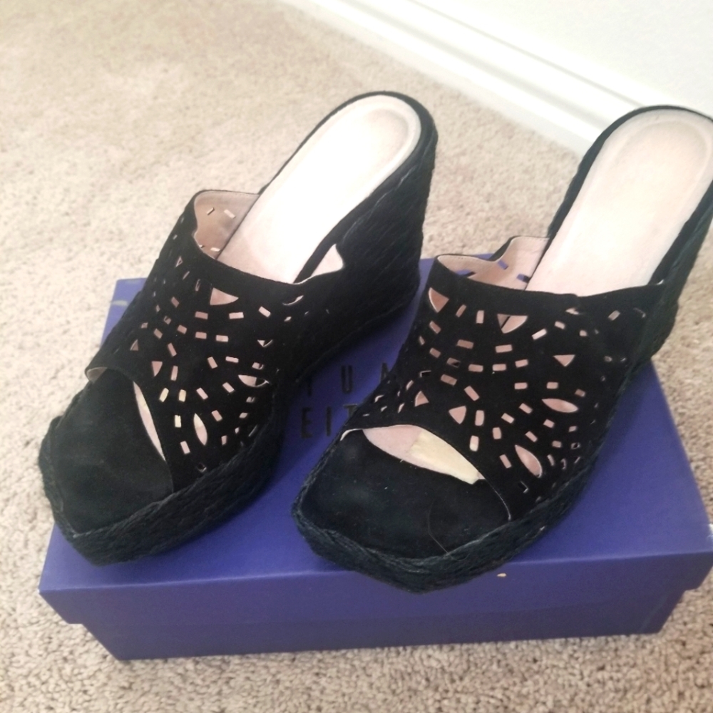 Black Suede Laser-Cut Wedge Mules